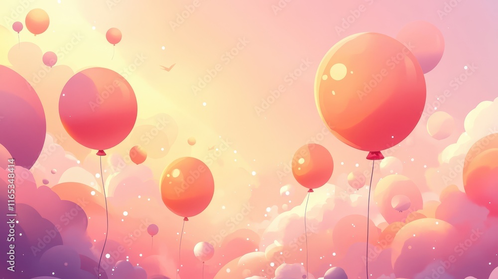 Wall mural dynamic balloons hover softly against a glowing gradient sky