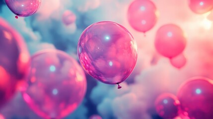 Dynamic retro balloons glow in a hazy soft-focus gradient sky