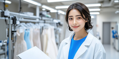 Wedding Couple Getting Ready concept, A young woman in a lab coat smiles while holding a clipboard, surrounded by elegant dresses in a well-lit fashion studio.