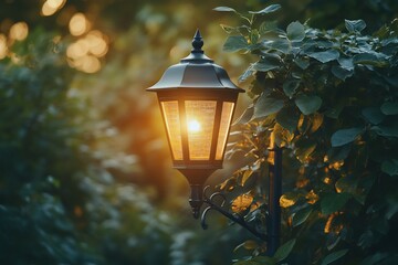 Illuminated garden lantern at dusk.