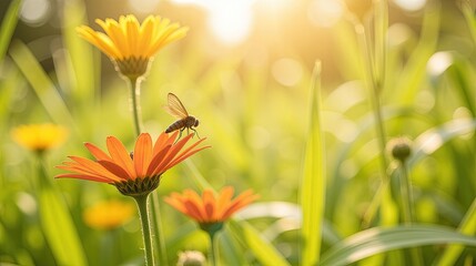 Bee on Orange Flower in Sunlit Garden