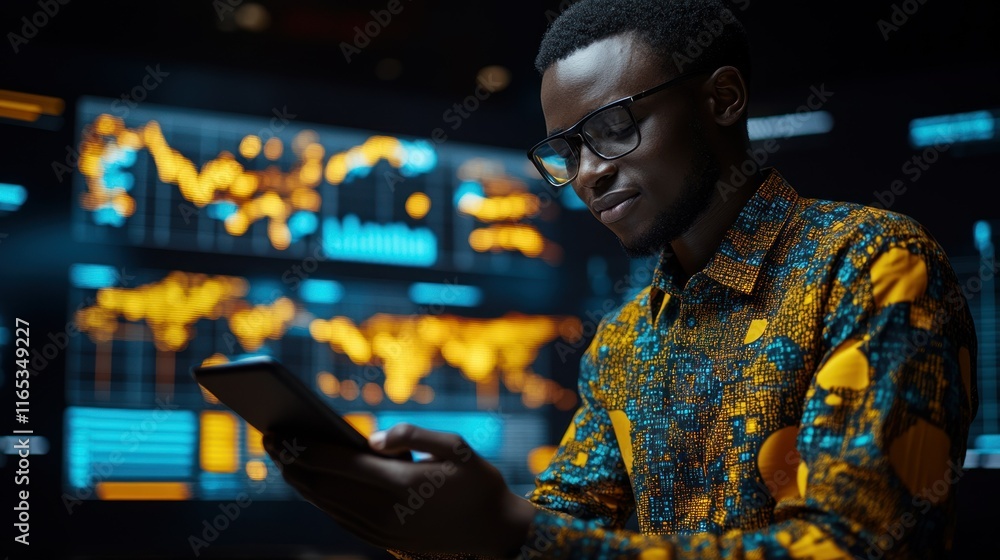 Poster young man analyzing data on a smartphone in a tech setting.