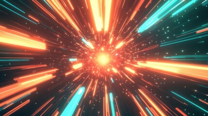 Neon lasers spiral on an orange-to-teal gradient with glowing effects