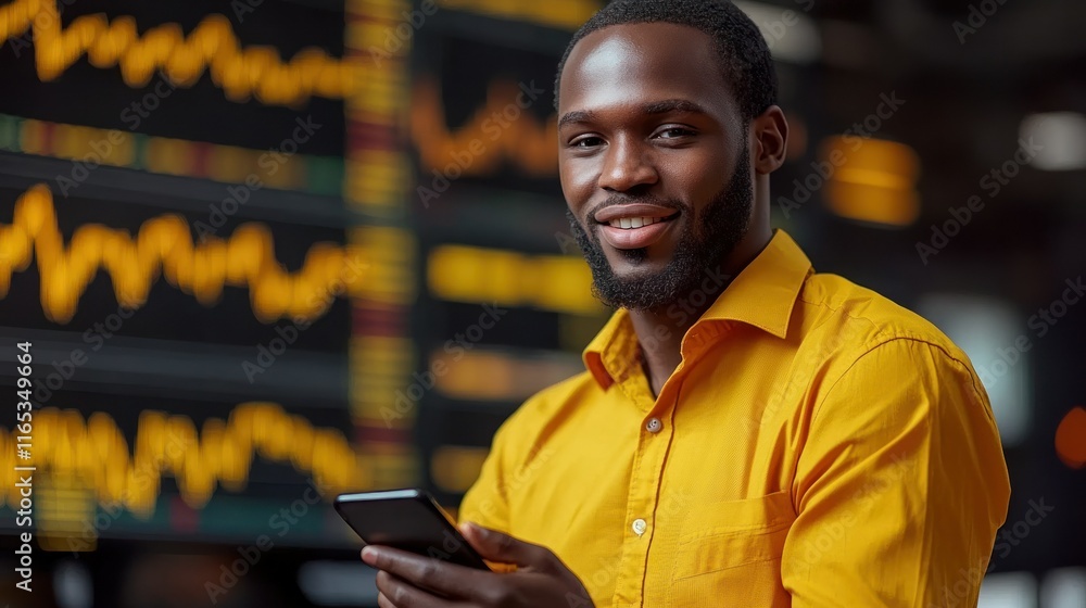 Poster smiling man using smartphone in a financial setting.