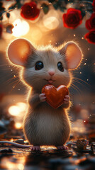 Adorable Cute Baby Mouse with Heart Balloons in Dreamy Sweet Love Valentine Greetings Animal