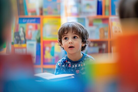 mute child enjoying storytelling session with teacher framed by softly blurred colorful books and posters