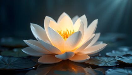 A Stunning Depiction Of A White And Golden Lotus Flower, A Detailed Close-up Of A White Lotus Flower With Golden Shade, A Realistic 3D Rendered White Lotus Flower