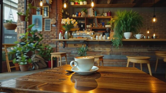 A large cup of coffee sits on a rustic wooden table in a charming coffee shop
