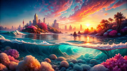 Naklejka premium vibrant coral reef city submerged under shimmering waves at sunset