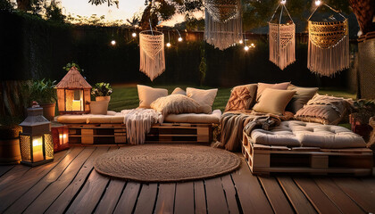 With warm string lights illuminating a space filled with layered rugs and earthy cushions, this inviting outdoor seating area creates a relaxed ambiance ideal for evening relaxation and conversations