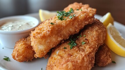 Crispy Fried Fish Fingers Served with Lemon and Sauce