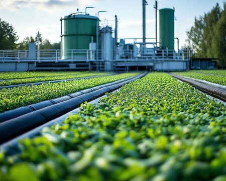 Wide view of an algae farm with biofuel extraction plants in the background, illustrating the process of renewable energy production from algae