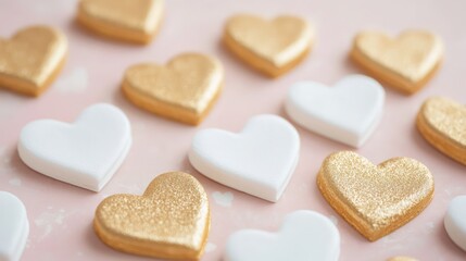 Obraz premium Elegant white and gold geometric hearts arranged on a blush-colored surface for a calm look.