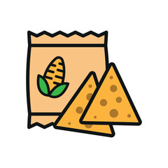 Corn Chips Food Icon features a crunchy and vibrant design, perfect for representing snack brands, party foods, or casual dining menus
