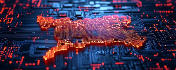 Abstract digital art featuring a UK map printed on a microchip, symbolizing technological advancement and geographic connectivity