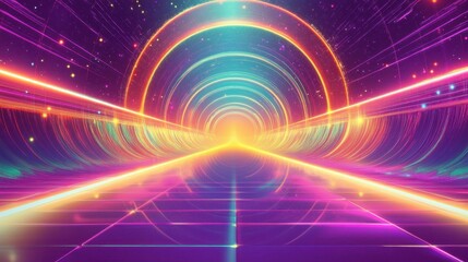 Abstract neon portal of ribbons and geometric shapes with glowing reflections