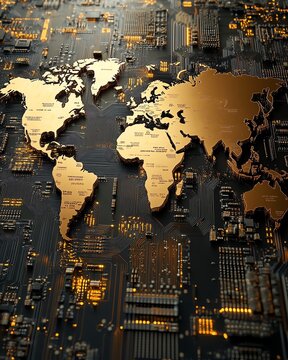 Abstract digital art of a gold world map on a microchip circuit board, highlighting the connection between global expansion and technological evolution