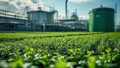 Algae farm with biofuel extraction facilities in the background, showcasing sustainable energy production through algaebased biofuels