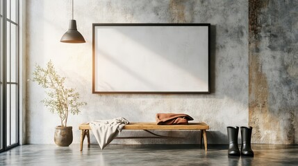 Simple decor surrounds blank billboard on plaster wall in morning light