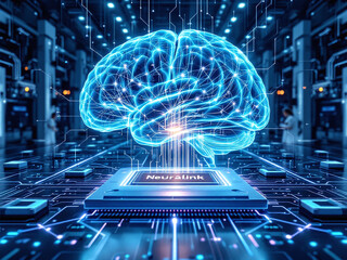 Fototapeta premium A futuristic, blue-toned image displays a brain with circuit patterns, atop a glowing platform that resembles a city.