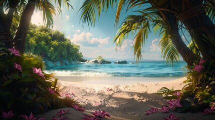 Fototapeta premium Pristine tropical paradise with white-sand shoreline, swaying palm trees, and crystal-clear waters in the Maldives, Indian Ocean