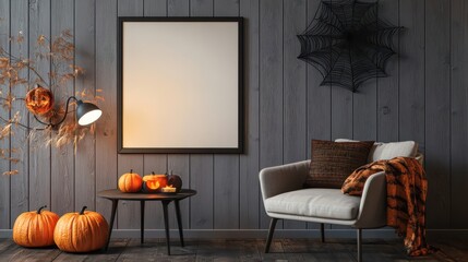 Gray panel wall with blank sign Halloween decor and warm cozy light