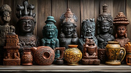 Ancient pre-columbian statues and pottery representing deities and rituals are decorating a wooden shelf