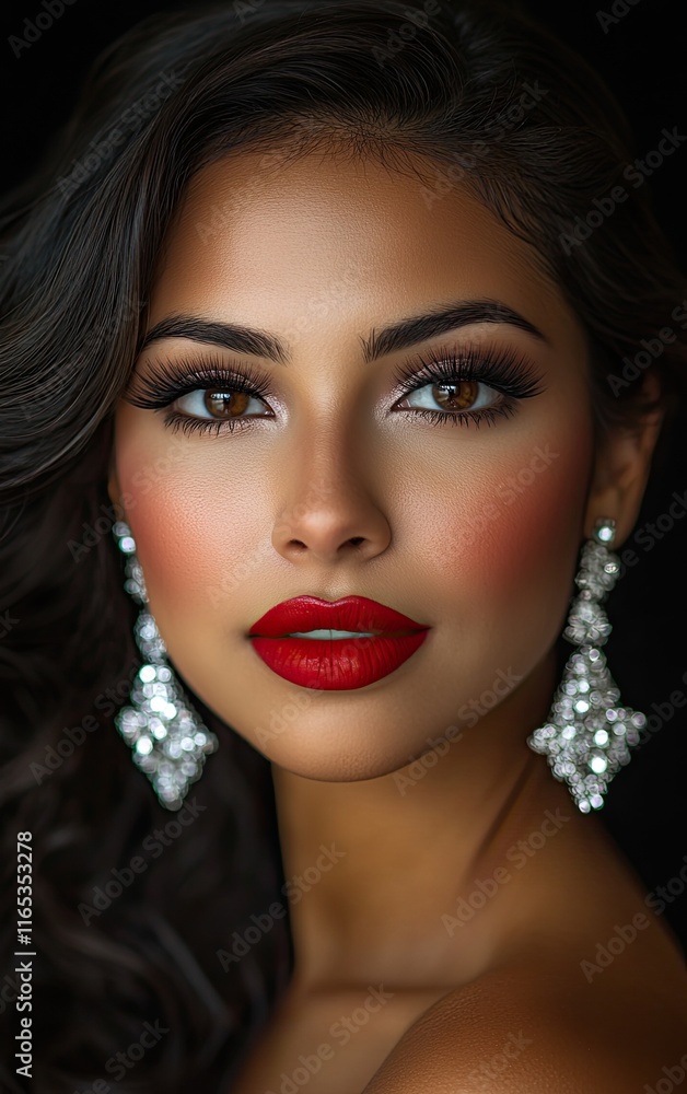 Poster A portrait of an elegant woman with makeup, red lipstick, and silver earrings, looking at the camera.