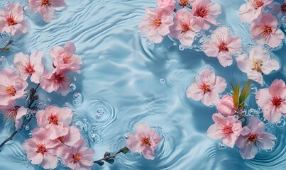 A beautiful pastel blue background with pink cherry blossom flowers and water ripples, Generative AI 