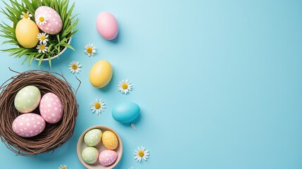 Colorful Easter Eggs and Daisies on Blue Background
