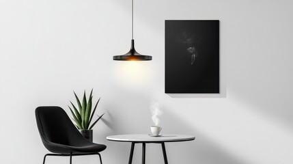 White wall with blank sign black chair and soft pendant lighting