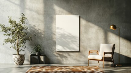 Stylish armchair and rug highlight blank sign on textured concrete wall