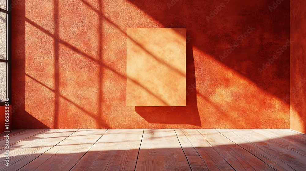 Aufkleber empty room with orange wall and wooden floor illuminated by sunlight casting shadows from window fra