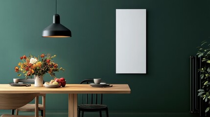 Deep green wall with blank sign wooden dining table and soft light