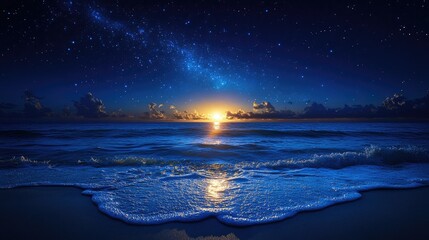 Fototapeta premium Sunrise over ocean with starry night sky.