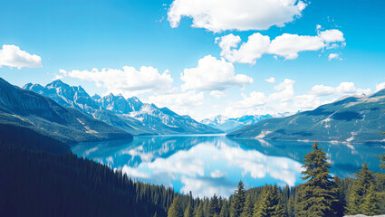 Obraz premium Mountain landscape with lake reflecting the surrounding peaks