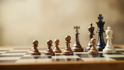 Chess pieces on a chessboard against a hazy background with copy space. Chess board game concept. Close-up banner depicting strategy and tactics, planning, and overcoming hurdles.