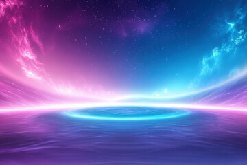 Stunning ethereal landscape featuring brilliant starry sky, vibrant colors, and tranquil water surface reflecting light in dreamy atmosphere