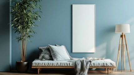 Cozy serene decor highlights blank sign on tranquil blue wall