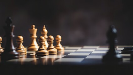 Chess pieces on a chessboard against a hazy background with copy space. Chess board game concept. Close-up banner depicting strategy and tactics, planning, and overcoming hurdles.