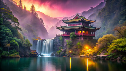 Obraz premium serene pagoda by waterfall, surrounded by lush greenery and misty mountains
