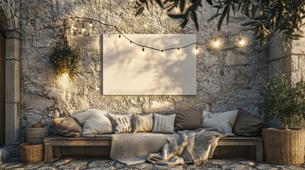 Stone wall with blank sign cozy bench and soft evening lighting