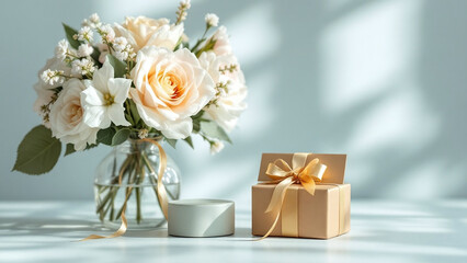 Obraz premium Elegant Flower Bouquet in a Vase with Gift Box on a Table