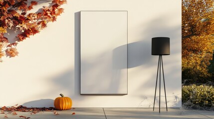 Modern house wall with blank sign subtle Halloween decor and pumpkin