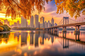 stunning cityscape at sunset with vibrant reflections on water