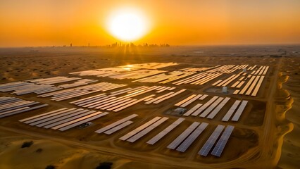 Solar panels spanning arid terrain, gleaming under golden rays with skyscrapers silhouetted, capturing sustainable energy infrastructure during vibrant sunset. Solar energy in implementation