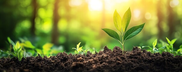 Green plant growing upward from the forest floor in a lush forest, representing thriving success and growth in the business world