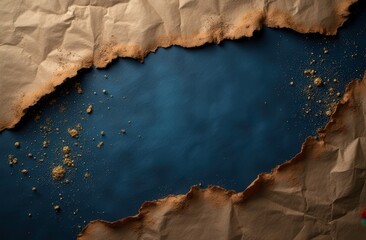 Torn Paper Reveal: A dramatic and artistic backdrop featuring torn brown paper edges revealing a deep blue canvas with scattered golden accents. Perfect for product displays, branding.