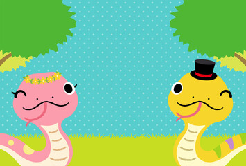 2025年　巳年　年賀状　ウインクするかわいいへびのペア【文字なし】