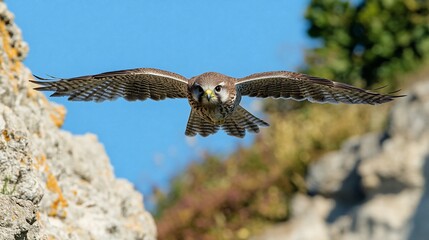 Kestrel in flight approaching cliff face.